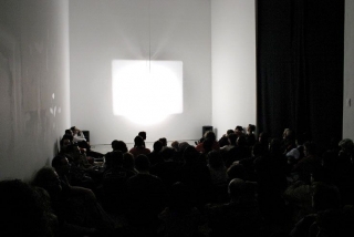 Projection of "Castle 1" (Malcolm Le Grice, 1966) at "Shoot Shoot Shoot", Deste Foundation, Athens, on 8 March 2004. Photographer unknown. Requests for publication should be directed to Xenia Kalpaktsoglou at Deste Foundation Centre for Contemporary Art. Email 