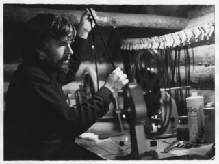 Stan Brakhage editing in Rollinsville, Colorado 1978. Photograph by Sally Dixon.